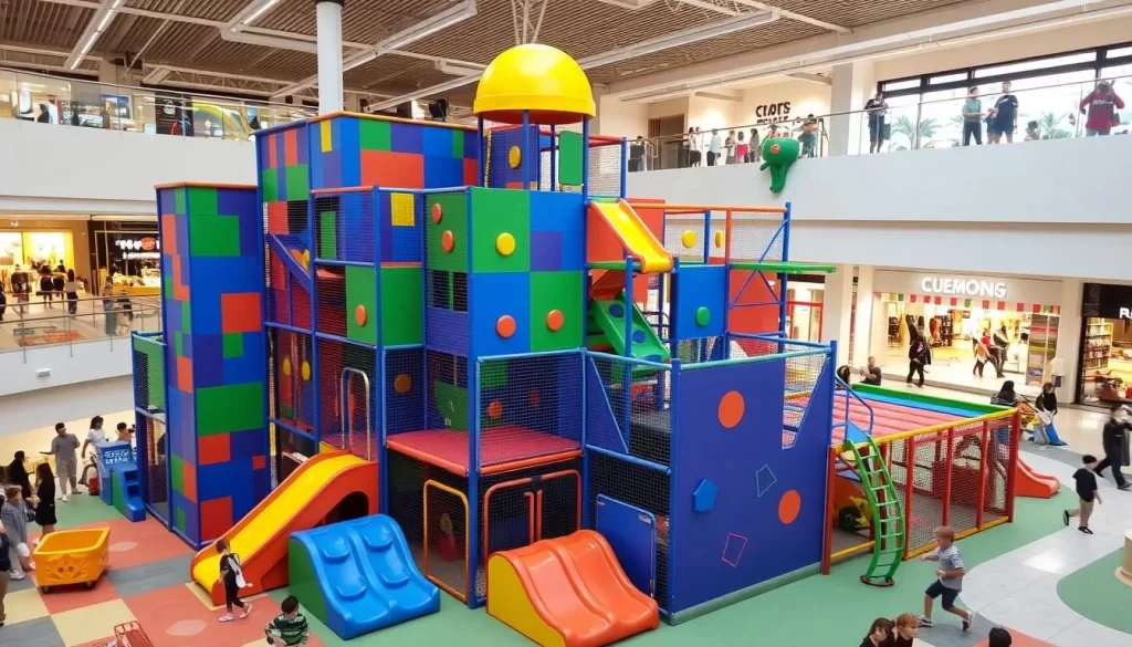 An indoor playground with climbing structures and play areas for kids, surrounded by a mall with various shops and dining options.
