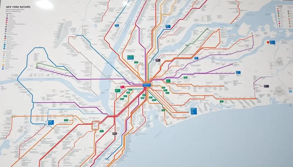 An intricately detailed, high-resolution map of the New York City public transportation network, showcasing the complex web of subway lines, bus routes, and ferry services that enable seamless multi-modal journeys across the city. The map is rendered in a clean, modern style with clear color-coded distinctions between different modes of transport, allowing for easy navigation. The foreground depicts the iconic subway system with its distinctive station markers, while the middle ground features the surface-level bus routes and ferry terminals. The background subtly incorporates the city's grid-like street network and notable landmarks, creating a visually comprehensive and contextual representation. The lighting is natural and evenly distributed, allowing the map to be easily readable and visually striking. The overall mood is one of efficiency, connectivity, and the vibrant energy of New York City's public transportation system.