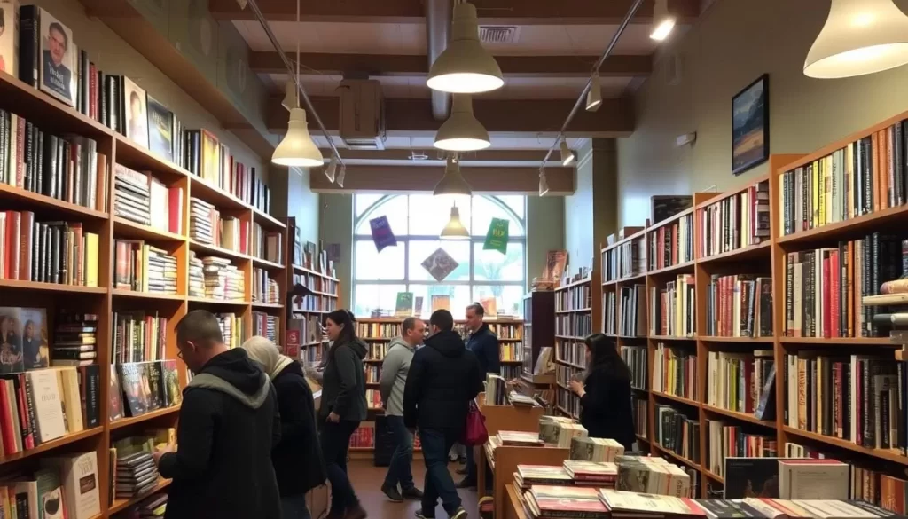 An inviting image of a cozy bookstore with shelves upon shelves of books and a few customers browsing.