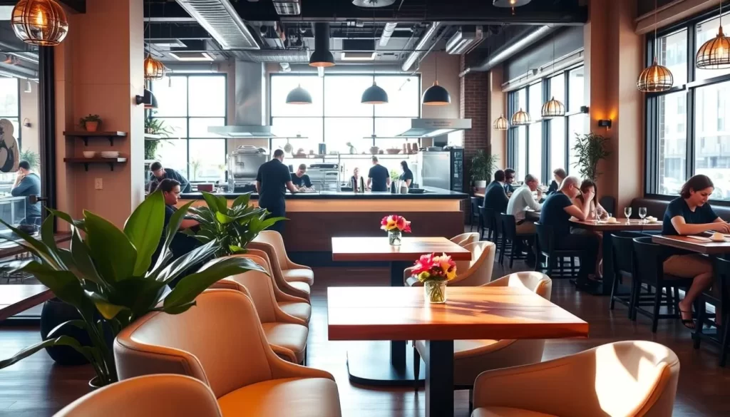 An inviting interior of a modern vegan restaurant in downtown Chicago, bathed in warm, natural lighting filtering through large windows. The foreground features a cozy seating area with comfortable upholstered chairs and wooden tables, decorated with potted plants and minimalist floral arrangements. The middle ground showcases an open kitchen where chefs skillfully prepare plant-based dishes, while the background reveals a vibrant, lively atmosphere with patrons enjoying their meals. The overall scene conveys a sense of welcoming, sustainable, and health-conscious dining experience in the heart of the Windy City.