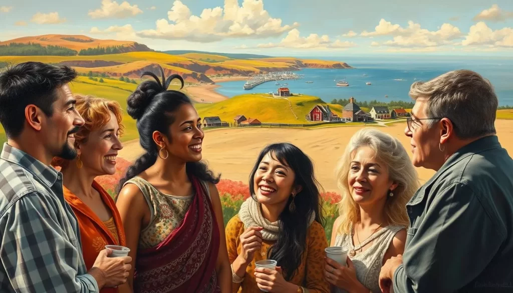 An oil painting depicting the historical evolution of languages on Prince Edward Island, Canada. In the foreground, a group of diverse islanders engaged in animated conversation, their expressions reflecting the dynamic interplay of French, English, and Indigenous dialects. The middle ground showcases the island's picturesque landscapes, with rolling hills, red-sand beaches, and quaint fishing villages. In the background, a timeline unfolds, charting the gradual shifts in the linguistic fabric of the province, from the early colonial era to the present day. The scene is bathed in warm, golden light, conveying a sense of nostalgia and the enduring cultural richness of this maritime gem.