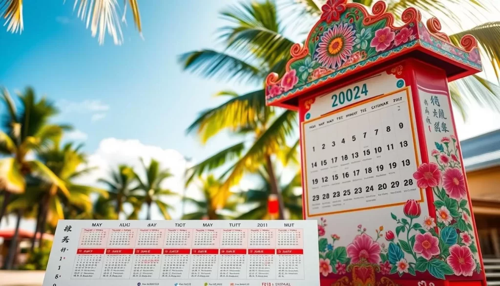An ornate Okinawan calendar adorned with vibrant floral motifs, showcasing the archipelago's rich cultural heritage. A serene, sun-dappled scene with a backdrop of swaying palm trees and azure skies. In the foreground, a detailed timeline highlighting the island's most celebrated festivals, from the lively Naha Tug-of-War in May to the captivating Eisa drum dances of summer. The image exudes a sense of tranquility and timelessness, capturing the essence of Okinawa's festival calendar and the island's enduring traditions.