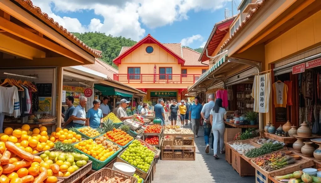 An outdoor Okinawan local market on a pleasant sunny day, bustling with activity. The foreground showcases vibrant displays of fresh tropical fruits, vegetables, and local delicacies such as Okinawan sweet potatoes, Shikuwasa citrus, and Chibiya seaweed. In the middle ground, stalls offer handcrafted Ryukyu pottery, traditional lacquerware, and intricate textiles. The background features the distinctive Okinawan architecture with red-tiled roofs and bright, airy facades. The lighting is warm and natural, casting a welcoming glow over the lively scene. The atmosphere is lively and inviting, capturing the essence of Okinawan cuisine and local culture.
