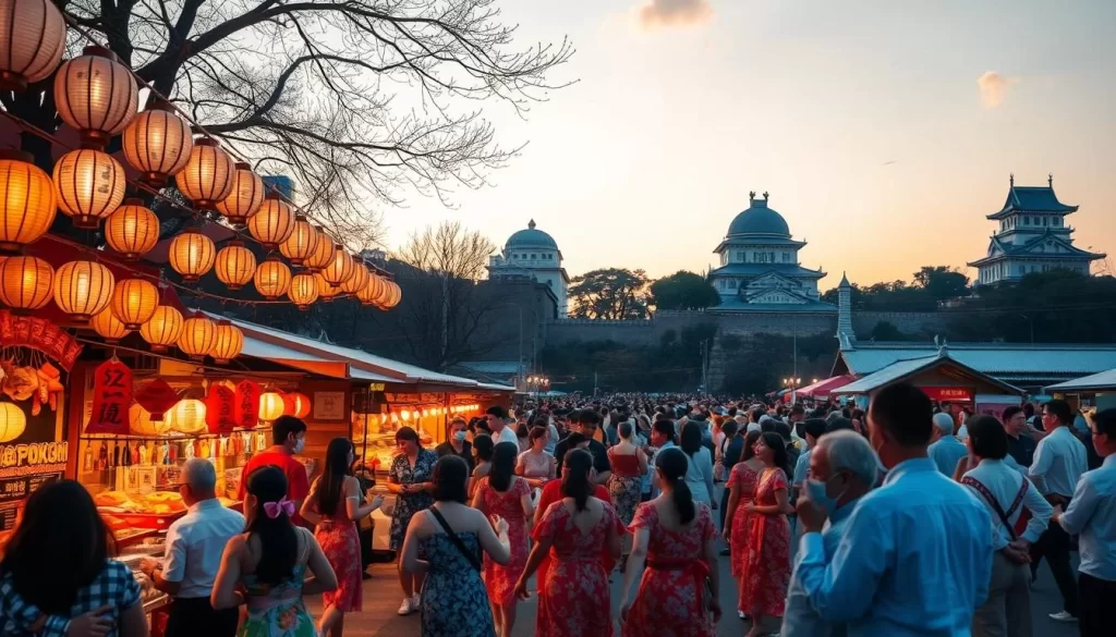 An outdoor festival scene in the vibrant city of Hiroshima, Japan. In the foreground, colorfully dressed people dance and perform traditional Bon Odori dances under the soft glow of paper lanterns. In the middle ground, stalls offer an array of delectable street food and handcrafted goods. In the background, the iconic A-Bomb Dome and Hiroshima Castle stand as reminders of the city's resilient spirit. The scene is bathed in the warm, golden light of a setting sun, creating a serene and celebratory atmosphere. The camera captures this lively festival from a slightly elevated angle, showcasing the bustling energy and community spirit of Hiroshima.