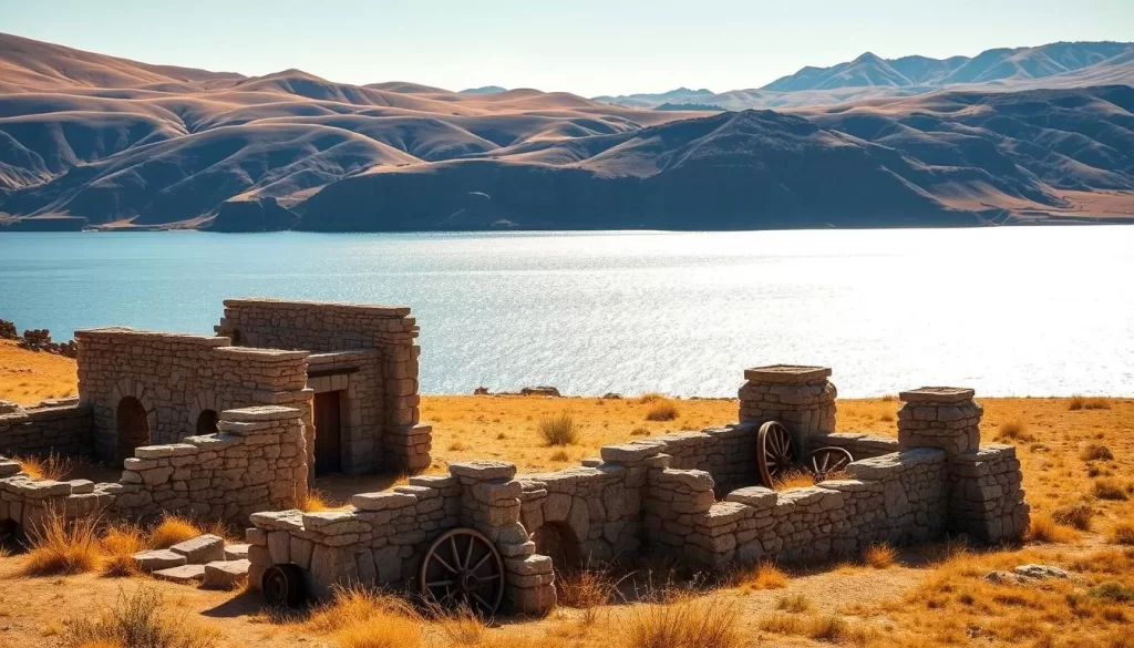 Antelope Island, a tranquil oasis in the Great Salt Lake, stands as a testament to Utah's rich history. Capture the essence of this picturesque landscape, with rolling hills, rugged cliffs, and the shimmering waters of the lake in the distance. In the foreground, depict the weathered ruins of a historical settlement, its stone structures and abandoned wagon wheels hinting at the stories of the past. Bathe the scene in warm, golden sunlight, casting long shadows and evoking a sense of timelessness. Employ a crisp, naturalistic style, with attention to detail and a keen eye for capturing the rugged beauty of this stunning island. Immerse the viewer in the tranquil atmosphere, inviting them to explore the fascinating historical remnants that dot the landscape.