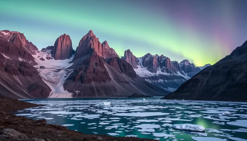 Arctic trekking landscape with rugged mountains and icy lakes