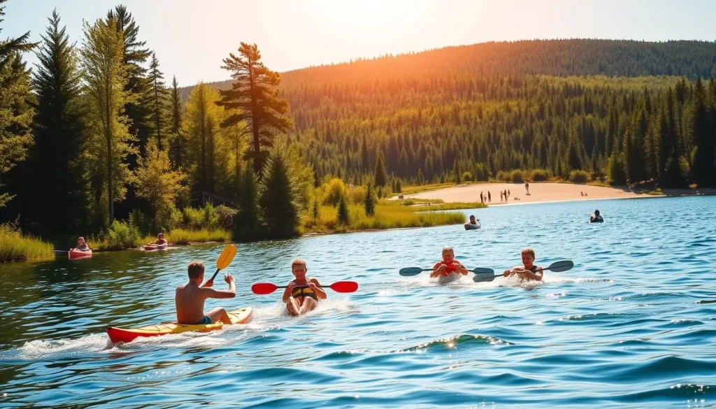 Asessippi Provincial Park in the heart of Manitoba's summer, a serene landscape filled with lush greenery and sparkling waters. In the foreground, families frolic in the gentle waves of the lake, paddling kayaks and canoes. The middle ground showcases hikers traversing scenic trails, admiring the breathtaking vistas of rolling hills and dense forests. Warm sunlight filters through the trees, casting a golden glow over the scene. In the background, a picturesque beach beckons visitors to relax and soak up the tranquil atmosphere. The overall mood is one of outdoor adventure, relaxation, and the pure joy of embracing nature's bounty during the vibrant summer season.