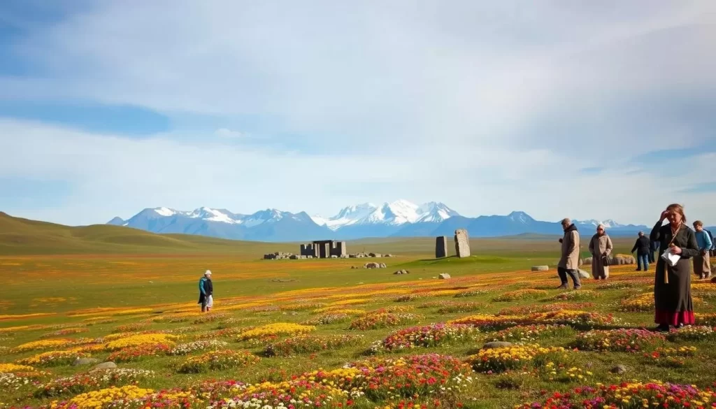Aulavik National Park, a vast expanse of pristine Arctic wilderness, stands as a testament to the rich history of the Canadian North. Capture the rugged beauty of the tundra, with rolling hills blanketed in vibrant wildflowers. In the foreground, a small group of Inuit people engage in traditional activities, their clothing and tools reflecting the region's cultural heritage. The middle ground reveals ancient stone structures, remnants of past settlements, while the distant horizon is dominated by majestic mountain peaks that tower over the landscape. Utilize warm, natural lighting to accentuate the timeless atmosphere, and employ a wide-angle lens to convey the sweeping grandeur of this historic place.