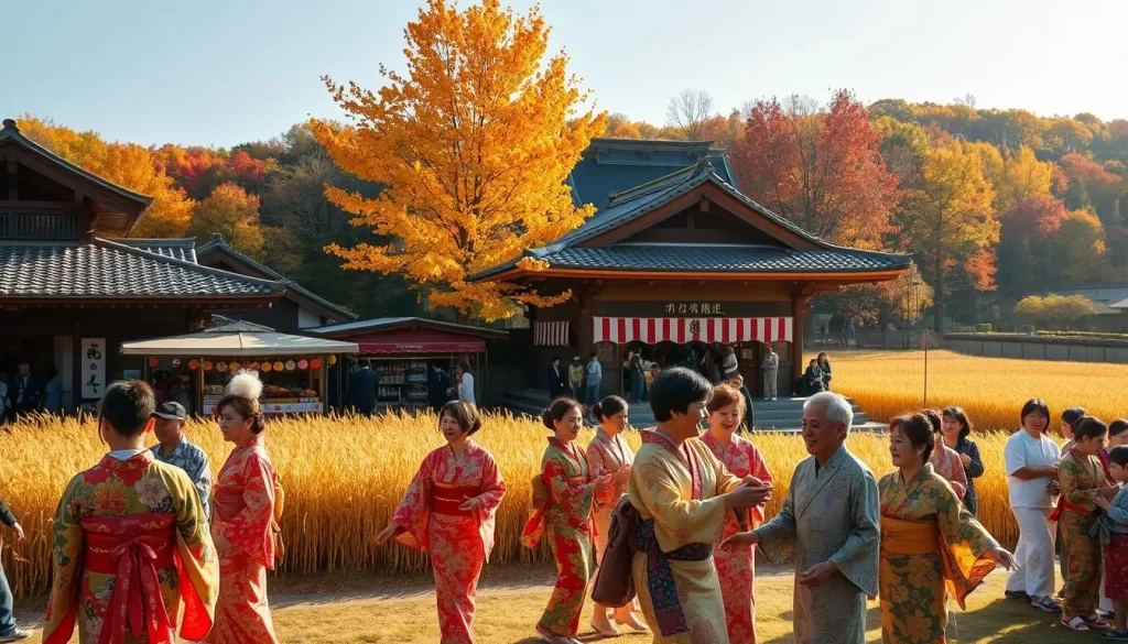 Autumn harvest festivals in the serene countryside of Okayama Prefecture, Japan. Golden wheat fields and colorful foliage backdrop traditional wooden shrines and stalls selling seasonal produce. In the foreground, locals in vibrant kimonos participate in lively dances and games, their laughter echoing through the crisp, sun-dappled air. Soft, warm lighting illuminates the celebratory atmosphere, while a wide-angle lens captures the scene's sense of community and cultural heritage.