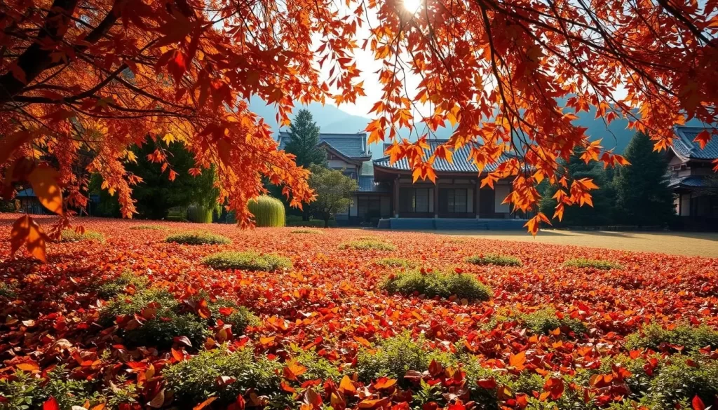 Autumn leaves cascade across a serene landscape in Ishikawa, Japan. A vibrant tapestry of crimson, gold, and amber hues blankets the ground, intermingling with verdant pockets of evergreen foliage. Soft sunlight filters through the canopy, casting a warm, painterly glow upon the scene. In the distance, traditional Japanese architecture stands as a cultural counterpoint, its timeless elegance complementing the natural splendor. The composition is balanced, with a sense of depth and movement, inviting the viewer to immerse themselves in the tranquil autumnal atmosphere.