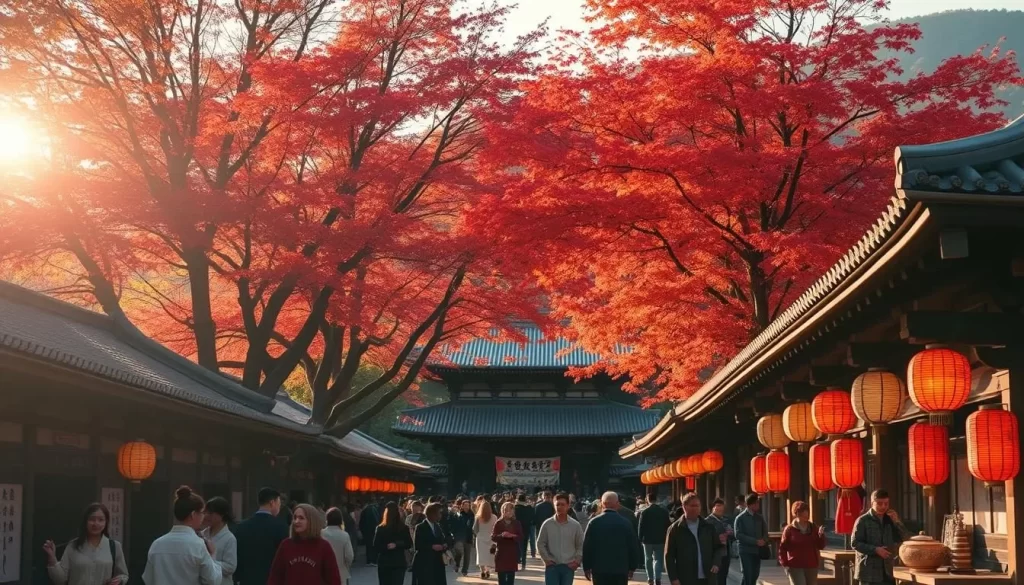Autumnal celebration in Nara's lush landscape: a vibrant festival scene, with colorful paper lanterns illuminating the path through a picturesque temple courtyard. Towering maple trees in full crimson splendor line the backdrop, their leaves gently swaying in the mild breeze. In the foreground, groups of people in traditional attire stroll past ornate wooden buildings, some carrying festival treats or playing traditional instruments. The warm, golden sun casts a soft, ambient glow, creating a serene and inviting atmosphere.
