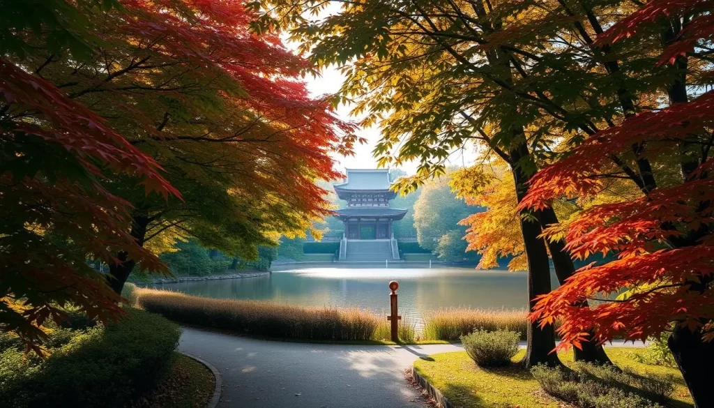 Autumnal foliage in Fukuoka, Japan: Lush, verdant maple trees lining a scenic path, their leaves ablaze with vibrant hues of crimson, gold, and amber. The warm, diffused sunlight filters through the canopy, casting a soft, magical glow. In the middle ground, a tranquil pond reflects the vivid colors, creating a serene, mirror-like surface. In the distance, a traditional Japanese temple or shrine stands as a timeless backdrop, its elegant architecture complementing the natural beauty of the setting. The overall scene conveys a sense of calm, cozy, and quintessential autumn in Fukuoka.