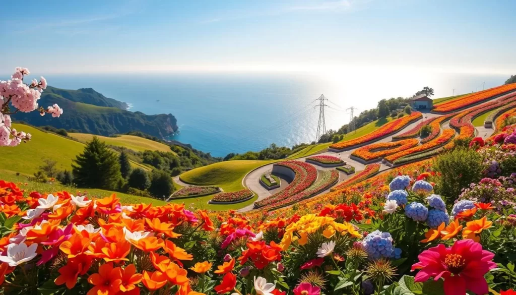 Boso Peninsula flower gardens, a vibrant tapestry of colorful blooms cascading across gently rolling hills. Bursts of vibrant hues in the foreground, from delicate cherry blossoms to lush hydrangeas, bathed in warm, golden sunlight. In the middle ground, neatly manicured flower beds and winding pathways lead the eye towards a distant coastal vista, the shimmering blue of the Pacific ocean meeting the horizon. The background features rugged cliffs and lush, verdant foliage, creating a serene, natural backdrop. Capture this picturesque scene with a wide-angle lens, using natural lighting to accentuate the flowers' radiant colors and the tranquil atmosphere of Japan's Boso Peninsula.