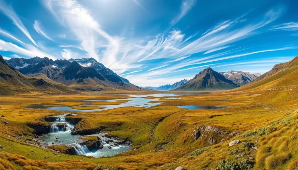 Breathtaking panoramic vista of Katannilik Territorial Park in Nunavut, Canada. Rugged granite mountains rise majestically, their peaks kissed by a soft golden light. Lush tundra vegetation carpets the valley floor, dotted with shimmering lakes and tumbling waterfalls that cascade over moss-covered rocks. Wispy cirrus clouds drift across a brilliant azure sky, casting delicate shadows. Capture the serene, untamed beauty of this remote northern landscape, showcasing Nunavut's "Place of Waterfalls" in all its glory.