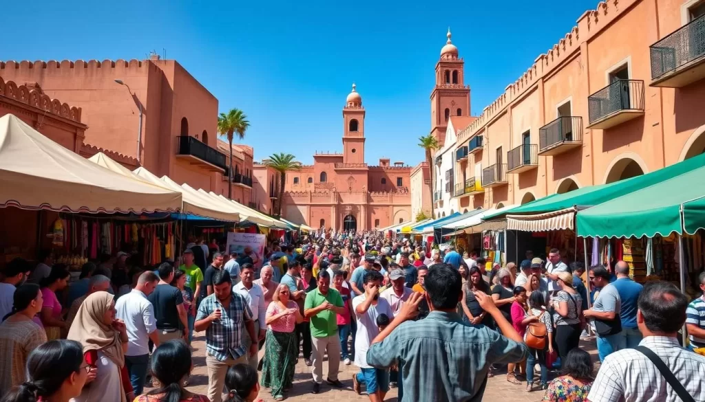 Bustling crowds gathered in a vibrant Moroccan town square, colorful tents and stalls lining the streets, offering an array of traditional crafts, textiles, and spices. In the foreground, a group of local performers engage the audience with lively music and dance, creating an energetic and celebratory atmosphere. The middle ground features a mix of locals and tourists exploring the array of offerings, while the background showcases the iconic architecture and bright blue skies of Morocco. Warm, natural lighting bathes the scene, adding to the festive and welcoming ambiance.