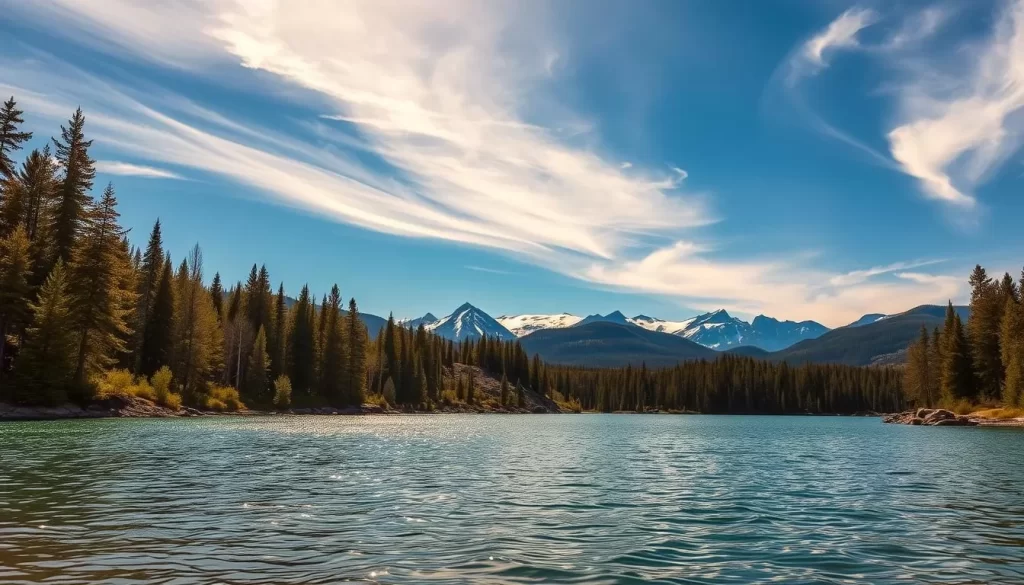 Caddy Lake, Manitoba: a serene wilderness landscape. In the foreground, a pristine lake reflects the azure sky and lush evergreen forests on its banks. Majestic pine and birch trees line the shores, their branches gently swaying in the warm breeze. In the middle ground, rocky outcroppings and rolling hills add depth and texture to the scene. The background is dominated by a range of rugged, snow-capped mountains, their peaks piercing the horizon. Warm, golden sunlight filters through wispy clouds, casting a soft, natural glow over the entire vista. The overall atmosphere is one of tranquility and unspoiled natural beauty, perfectly capturing the essence of wildlife and nature observation in this stunning corner of Manitoba.
