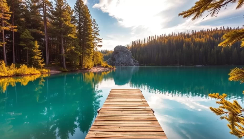Caddy Lake nestled in the lush boreal forests of Whiteshell Provincial Park, Manitoba. Pristine turquoise waters reflect the towering pine trees lining the shoreline. A wooden dock juts out into the calm, mirror-like surface, inviting visitors to take in the serene scenery. Warm, golden sunlight filters through the canopy, casting a peaceful glow over the tranquil landscape. A rocky outcrop rises in the distance, adding depth and dimension to the picturesque scene. Lush, verdant foliage frames the idyllic lakeside, creating a harmonious balance of land and water. This picturesque natural wonder exudes a sense of tranquility and invites exploration of Manitoba's wilderness.