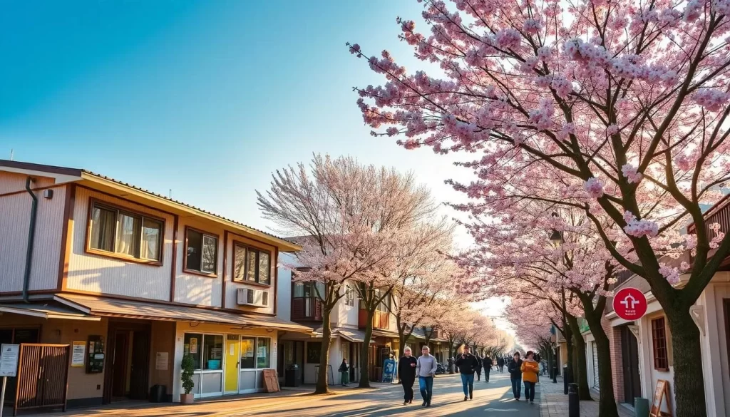 Charming streetscape of Setagaya-ku, a vibrant residential ward in Tokyo, Japan. Quaint two-story buildings line the streets, their facades adorned with traditional Japanese architectural elements. Cherry blossom trees stand tall, their delicate pink petals dancing in the gentle breeze. Pedestrians stroll leisurely, enjoying the peaceful ambiance of the neighborhood. Warm, golden sunlight bathes the scene, creating a serene and inviting atmosphere. A picturesque snapshot of Tokyo's charming suburban charm.