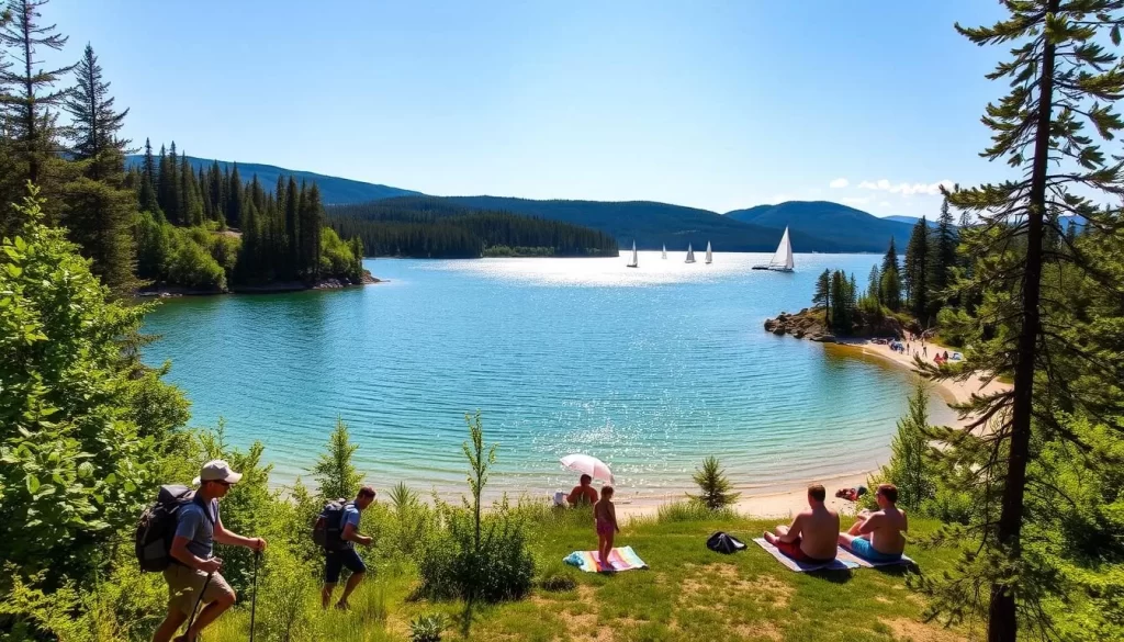 Clearwater Lake Provincial Park in summertime, sunlight glistening on the serene waters, families enjoying outdoor activities. In the foreground, hikers explore a verdant forest trail, backpacks and hiking poles in hand. The middle ground showcases a picturesque beach, children splashing in the shallows while parents relax on colorful towels. In the distance, sailboats glide across the vast, azure lake, framed by rolling hills and a cloudless sky. The overall scene radiates a sense of tranquility and adventure, capturing the essence of this idyllic Manitoba destination.