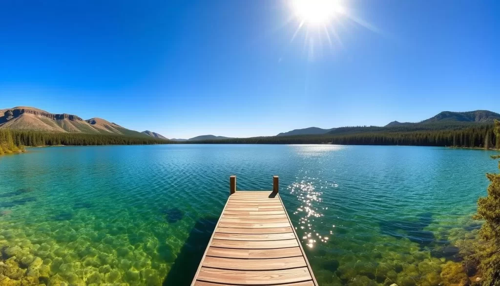 Clearwater Lake surrounded by lush, verdant boreal forest, its crystal-clear waters reflecting the azure sky above. A pristine, undisturbed wilderness scene, with a wooden dock leading out into the tranquil lake. Sunlight dapples the surface, casting a warm, golden glow across the landscape. In the distance, rugged hills and towering pines create a serene, picturesque backdrop. Capture the essence of this stunning, untouched natural wonder, the "Jewel of Manitoba."