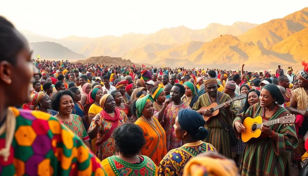 Colorful crowds filled with vibrant traditional dress, gathered for an Ethiopian festival. In the foreground, people dance and sing, their joyful movements captured by a wide-angle lens. The middle ground features musicians playing lively melodies on traditional instruments, their expressions animated. In the background, towering mountains provide a majestic backdrop, bathed in warm, golden light. An atmosphere of cultural celebration and community resonates throughout the scene.