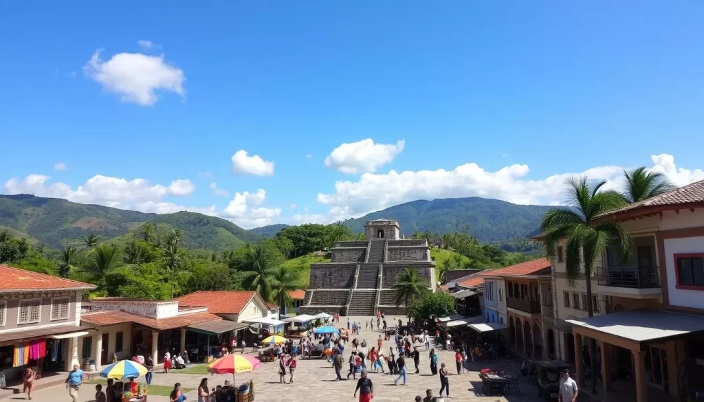Copan town center, nestled in the lush Honduran countryside, a vibrant tapestry of colonial architecture and bustling local life. In the foreground, a central plaza teeming with vendors selling handcrafted wares and street food, their vibrant textiles and aromas filling the air. The middle ground showcases the iconic Copan Acropolis, its ancient stone structures basking in the warm afternoon sunlight. In the background, rolling hills dotted with palm trees create a serene, picturesque backdrop. Capture the essence of this historic Mayan settlement with a wide-angle lens, highlighting the interplay of ancient and modern elements under a cloudless azure sky.