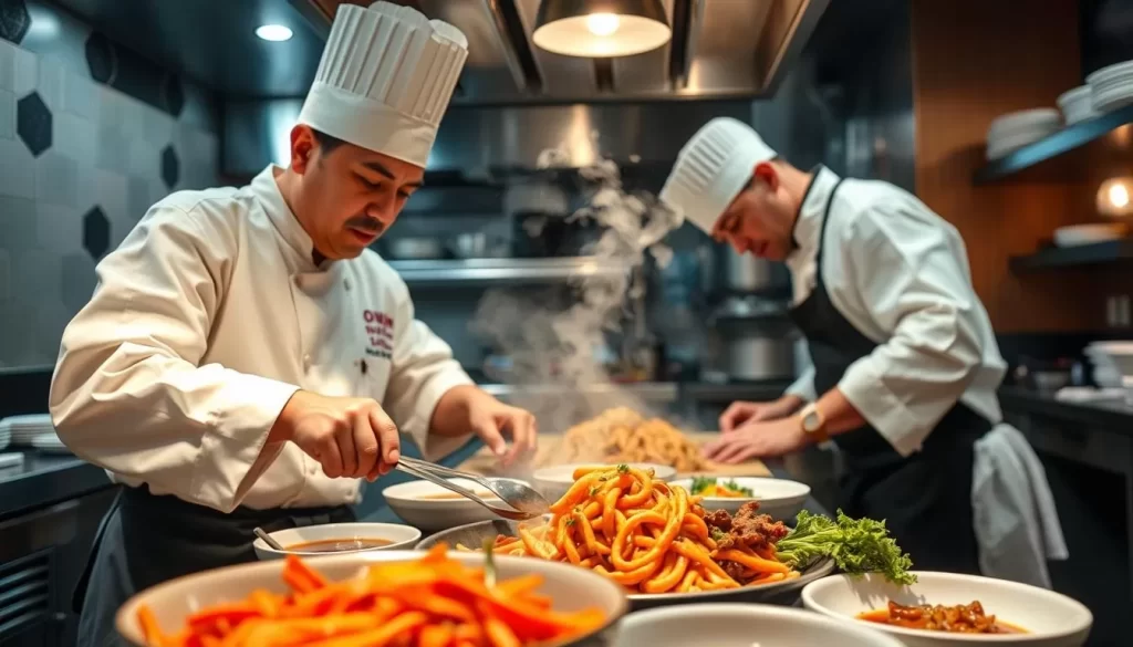 Create an image of Oiji Mi's chefs preparing a complex Korean dish in an open kitchen.