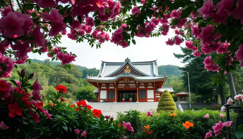 Create an image of the Hakusan Shrine's main hall surrounded by lush greenery and vibrant flowers.
