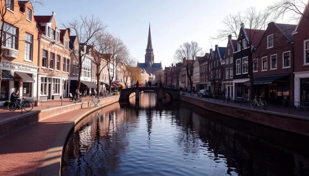 Delft canal, a serene waterway flanked by charming 17th-century buildings, their gabled facades reflected in the still waters. Sunlight dances across the surface, illuminating the cobblestone pathways and quaint bridges that arch over the canal. Bicycles leisurely navigate the tranquil scene, adding to the peaceful atmosphere. In the distance, the iconic spire of the Nieuwe Kerk rises, a testament to the city's rich history. Capture the essence of Delft's timeless charm, a picturesque slice of Dutch heritage.