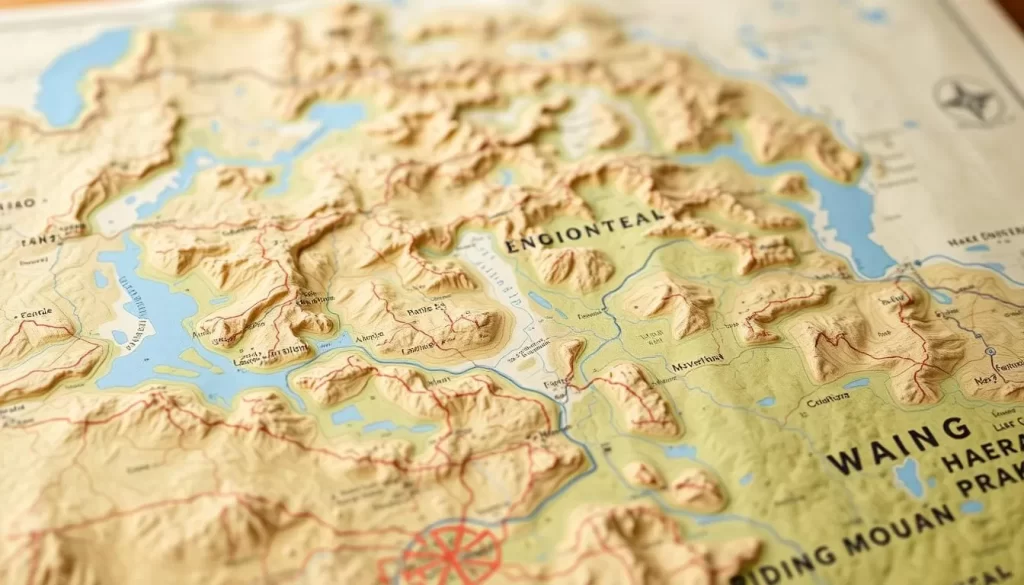 Detailed topographic map of Riding Mountain National Park, Manitoba, Canada, displayed on a textured paper background. Showcase the park's vast wilderness, rolling hills, dense forests, and network of lakes and rivers. Capture the natural beauty with warm, diffused lighting and a slight depth of field, emphasizing the rugged, unspoiled terrain. Present the map in a way that inspires exploration and a sense of adventure in the viewer, reflecting the essence of the "Discovering Riding Mountain National Park" section.