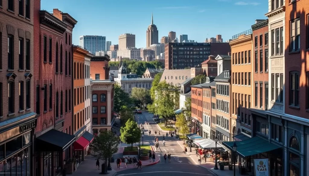 Downtown New Haven, with its charming mix of historic architecture and modern buildings, bathed in warm afternoon sunlight. Capture the bustling streets lined with independent shops, restaurants, and art galleries. Showcase the iconic New Haven Green, a picturesque public park surrounded by the stately buildings of Yale University. In the background, the city's skyline rises, a harmonious blend of old and new. Utilize a wide-angle lens to convey the vibrant atmosphere and sense of discovery. Evoke a mood of cultural richness and urban vitality, inviting the viewer to explore this timeless Connecticut city.