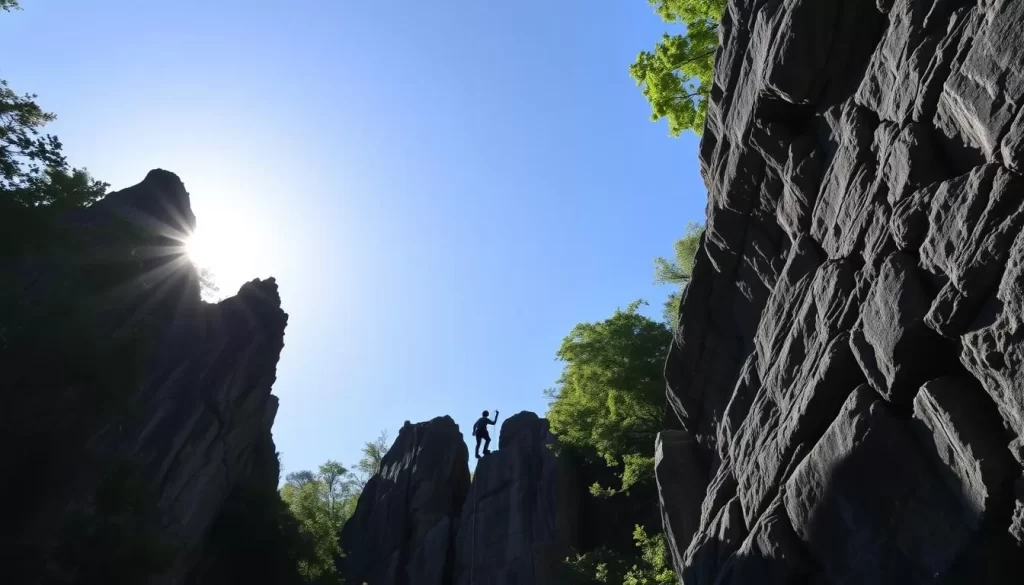 Dramatic rock formations jut out against a serene, azure sky at Diana's Baths, New Hampshire. Sunlight filters through lush, verdant foliage, casting a warm, dappled glow on the rugged cliff face. In the foreground, a lone rock climber scales the weathered, granite walls, their figure silhouetted against the bright backdrop. The air is crisp and invigorating, inviting adventure and exploration. Capture the essence of this picturesque natural wonder, where adventure and natural beauty converge in perfect harmony.