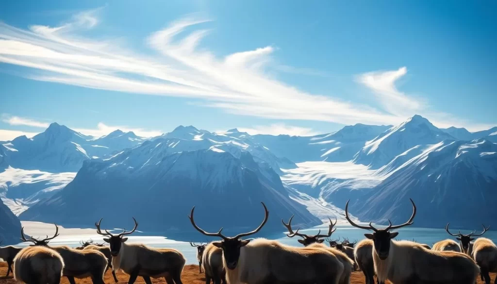 Dramatic snow-capped peaks rise majestically against a crisp, azure sky. A panoramic vista of Svalbard's dramatic glacial landscape, with deep blue fjords and rugged, wind-swept cliffs. Sunlight filters through wispy clouds, casting a warm, golden glow over the scene. In the foreground, a herd of hardy, wooly reindeer grazes peacefully, their antlers silhouetted against the breathtaking backdrop. Capture the breathtaking beauty and untamed essence of Svalbard's peak season, a true winter wonderland.