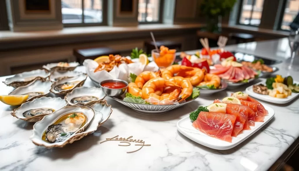 Elegant seafood dishes arranged on a pristine marble countertop, illuminated by soft natural light filtering through large windows. A selection of fresh oysters on the half shell, glistening with sea salt and lemon wedges. Succulent shrimp cocktail, plump and vibrant, served with a zesty homemade cocktail sauce. Delicate slices of tuna sashimi, expertly presented with soy sauce, wasabi, and pickled ginger. The scene exudes an atmosphere of refined coastal dining, perfectly capturing the essence of a prestigious New York City raw bar.