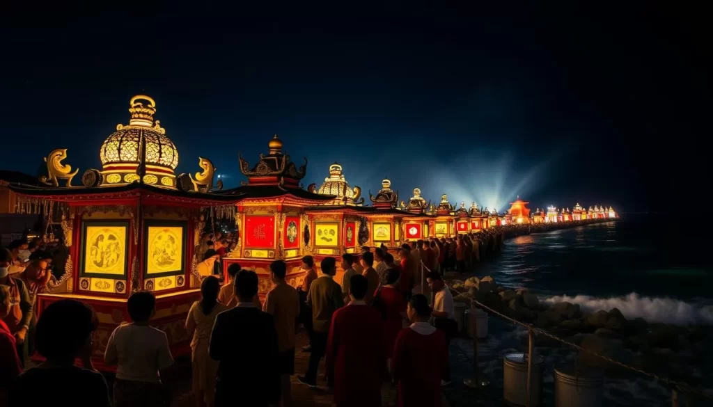Envision a dramatic nighttime scene of the Misogi Festival, where over 30 portable shrines are carried into the sea.