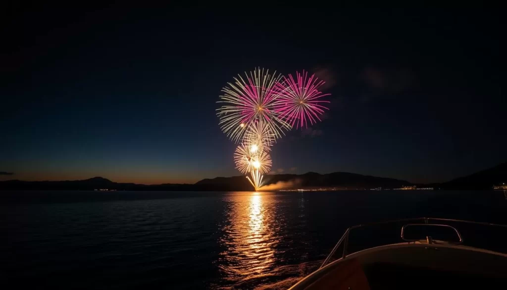 Envision a serene evening at Lake Toyako with fireworks reflecting off the lake's surface, viewed from a fireworks viewing boat.