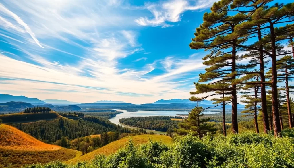 Expansive landscape of Kōchi Prefecture, Japan, captured under a vibrant azure sky with wispy clouds. In the foreground, rolling hills and lush, verdant vegetation flourish. Tall, stately pine trees line the horizon, their branches swaying gently in a mild breeze. The mid-ground features a serene river winding through the countryside, its glimmering surface reflecting the tranquil scene. Distant mountains rise majestically, their peaks bathed in warm, golden sunlight. The overall atmosphere exudes a sense of tranquility and harmony, inviting the viewer to immerse themselves in the natural beauty of this picturesque Japanese region.
