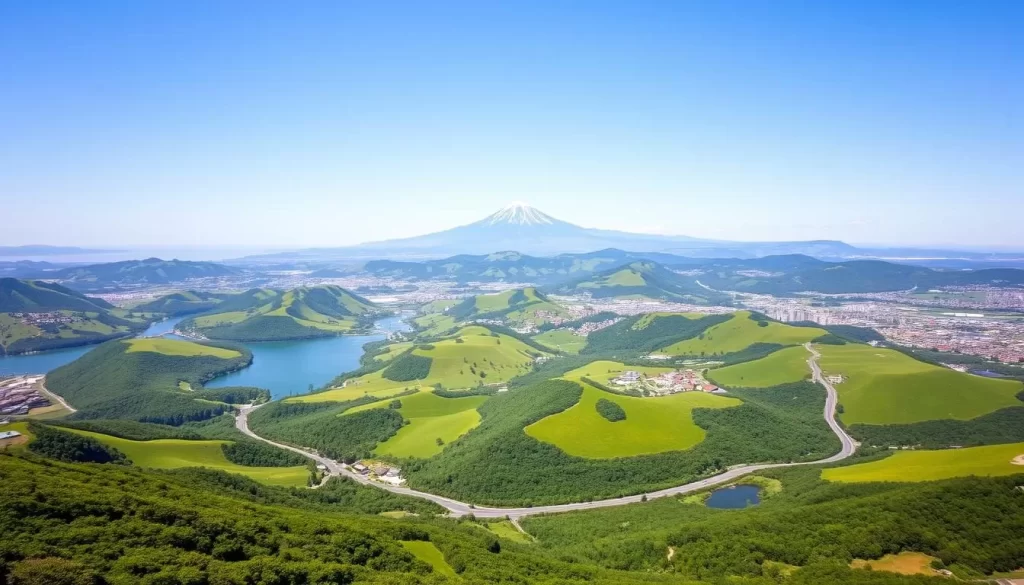 Expansive landscape of Saitama Prefecture, Japan, captured on a clear sunny day. Lush green hills and valleys dotted with serene lakes and rivers carve through the rolling terrain. Majestic Mount Buko rises in the distance, its snow-capped peak gleaming under the warm light. Winding roads snake through the picturesque countryside, flanked by verdant forests and quaint villages. A tranquil scene that showcases the varied, beautiful geography of this vibrant region. Crisp, high-resolution photograph taken with a wide-angle lens to capture the grand scale of the landscape.