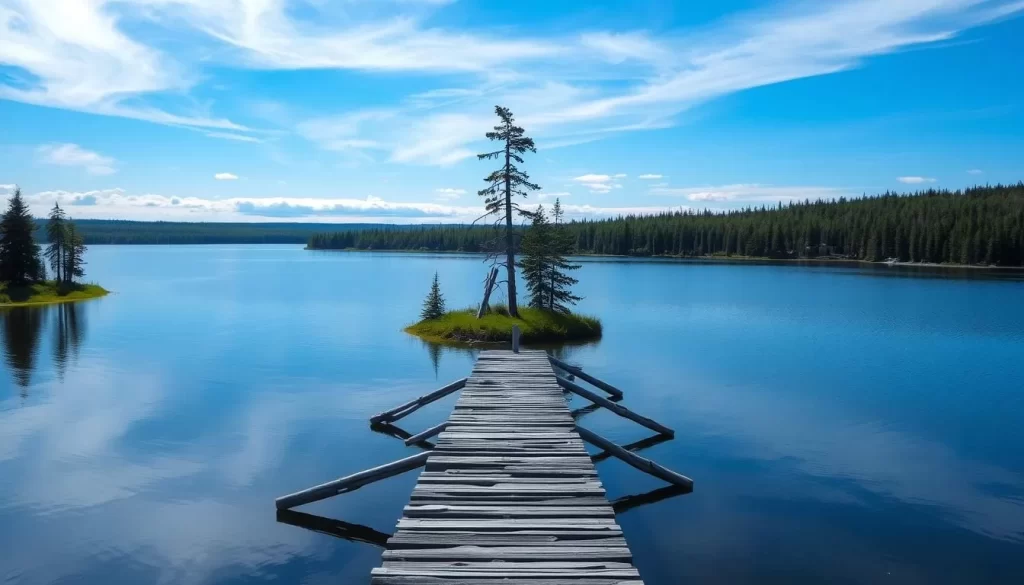 Explore the beautiful landscapes of Cross Lake, Manitoba, with a serene lake as the backdrop.