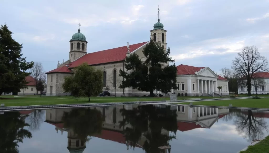 Explore the historic Milosev Venac complex in Kragujevac through this image: A serene view of the Old Church and the first Serbian Assembly building.