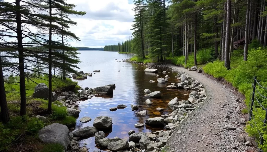Explore the scenic West Quarry Trail on Hecla Island, featuring a 10 km hike through forests and along the shoreline.