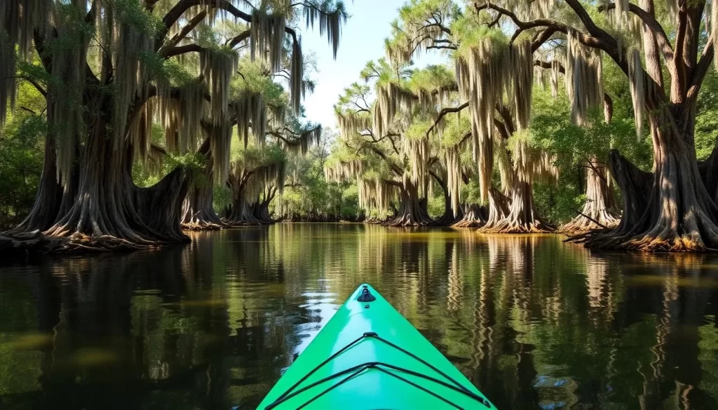 Explore the serene waters of Lake Martin by kayak, surrounded by cypress and tupelo trees draped with Spanish moss.