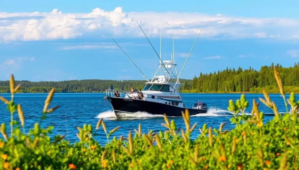 Fishing charter boat on Lake Winnipeg during summer