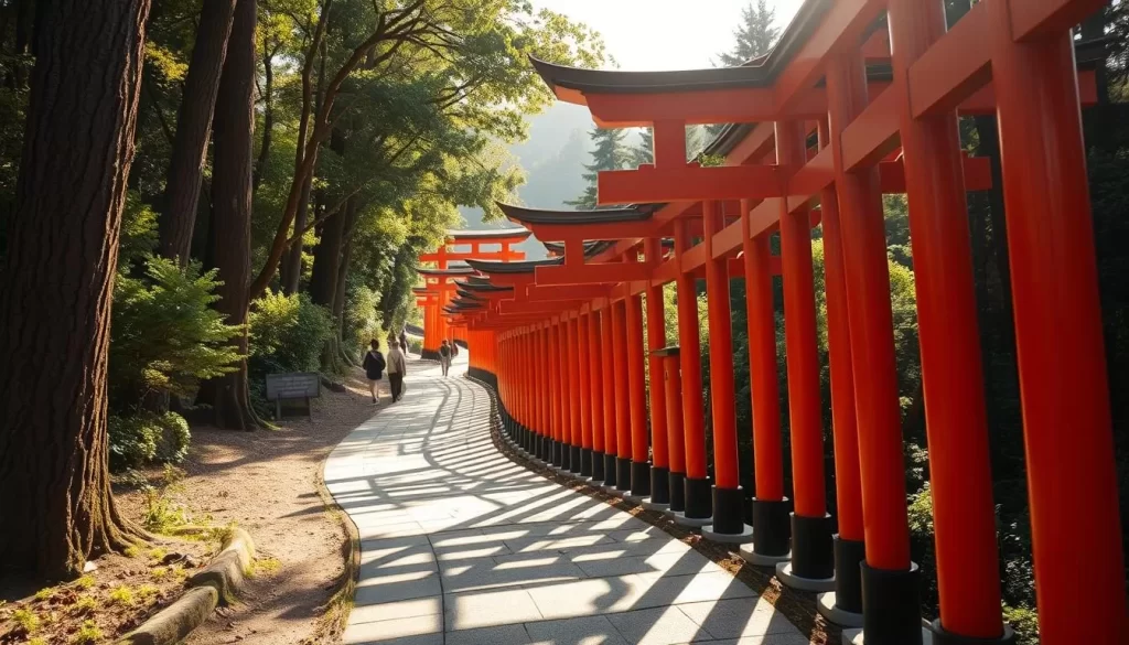 Fushimi Inari Shrine, Kyoto, Japan. Capture the iconic vermilion torii gates winding up the hillside, bathed in warm afternoon sunlight. Showcase the serene, contemplative atmosphere as visitors ascend the peaceful path, framed by towering trees and lush greenery. Utilize a wide-angle lens to showcase the grand scale and depth of the iconic scene, with the gates stretching into the distance. Convey a sense of wonder and tranquility, inviting the viewer to imagine themselves strolling through this timeless, spiritual landscape.