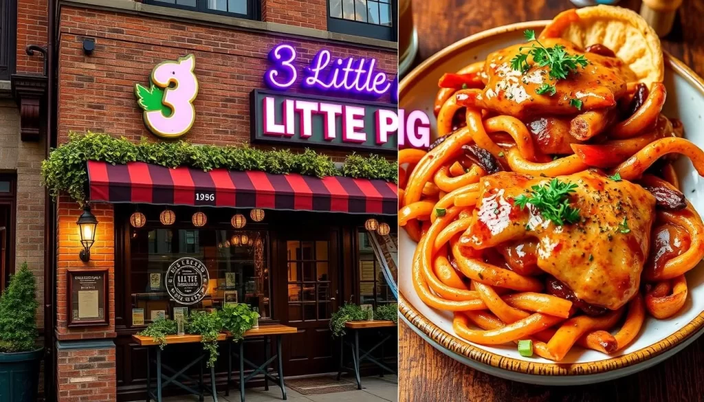 Generate an image of 3 Little Pigs restaurant in Chicago, showcasing its exterior or a popular dish.