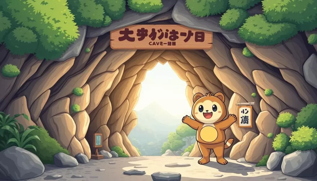 Generate an image of Abukuma-do Caves entrance with a cute mascot greeting visitors.