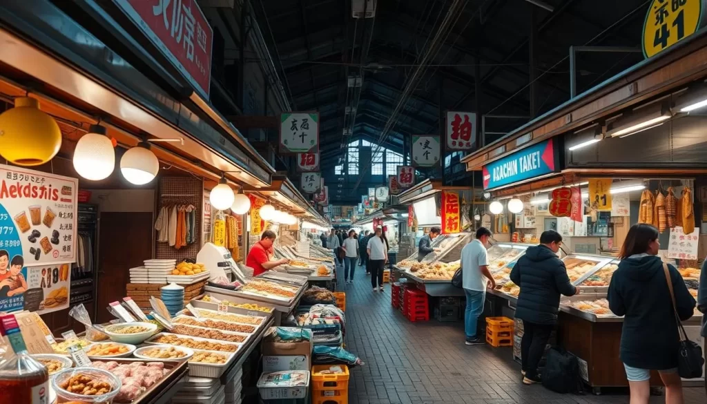 Generate an image of Adachi Market, showcasing its vibrant atmosphere and diverse food options.