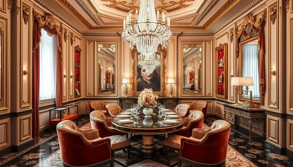 Generate an image of Adalina's glamorous Gold Coast dining room, featuring crystal chandeliers, vintage mirrors, and plush velvet seats.