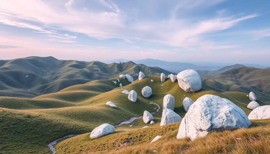 Generate an image of Akiyoshidai Plateau, highlighting its surreal karst landscape with grassy hills and pale limestone boulders.