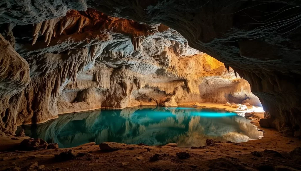 Generate an image of Akiyoshido Cave, showcasing its vast underground limestone formations and serene underground lake.